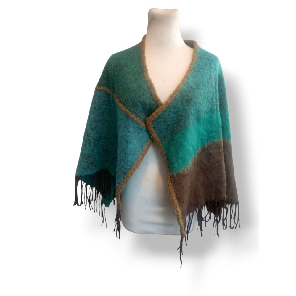 Luciano Dante Cape Shawl Poncho Scarf Fringe Felt Ombre Blue Biege Cowgirl